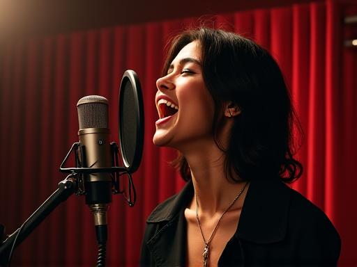 An artist singing into a studio microphone.