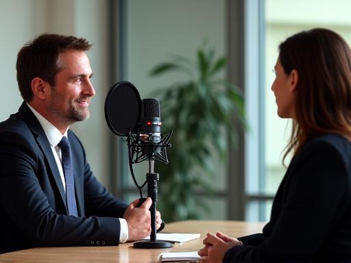 A journalist conducting an interview with professional recording equipment.