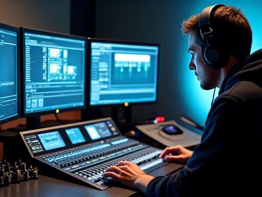A sound engineer at a mixing console for a film project.