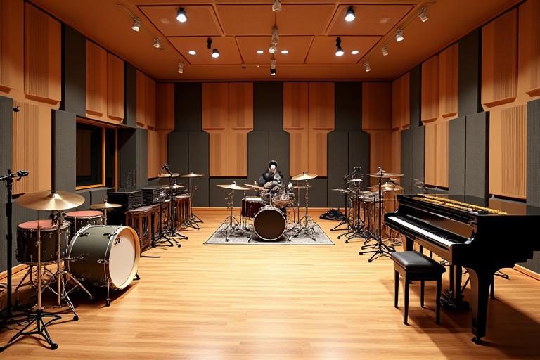 The spacious live recording room with various instruments.