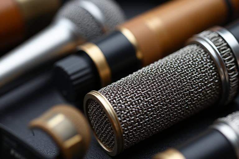 A close-up of the vintage and modern microphone collection.